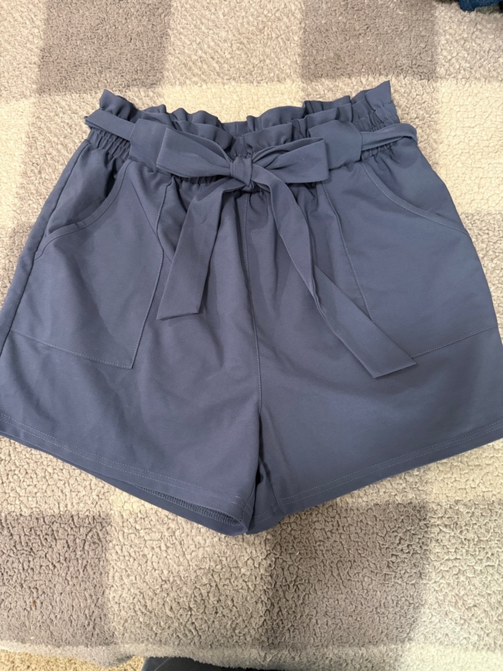 Grace Karin Slate Blue Paperbag Waist Tie Shorts
